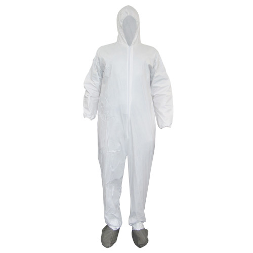 MICROPOROUS COVERALL WHITE-ELASTIC WRIST HOOD GREY BOOTS-MD