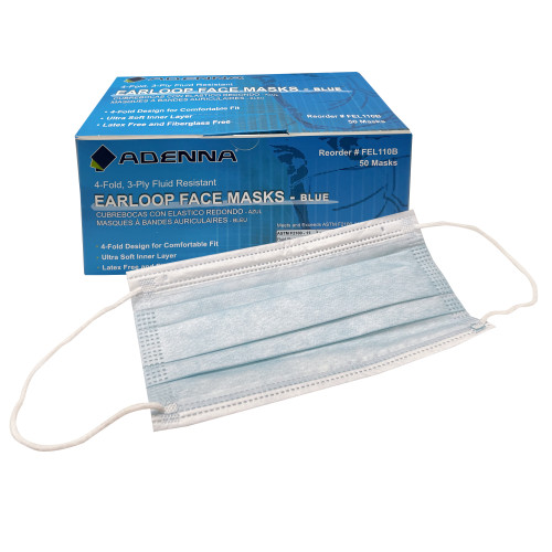 Blue Earloop Face Mask  Adenna  3-Ply 4-Fold 50 bx  10 bxs c