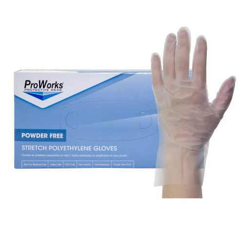 PROWORKS STRETCH POLY GLOVES  CLEAR  10 200  LARGE